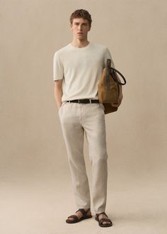 Slim-fit 100% linen pants - Man | MANGO USA Khaki Pants Outfit Men, Linen Trousers Outfit, Linen Trousers Men, Khaki Pants Outfit, Mens Smart Casual Outfits, Mens Linen Pants, Chino Pants Men, Smart Casual Men, White Shirt Men