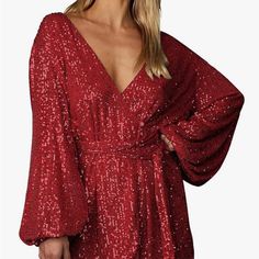 Size Small Never Worn Glamorous Red Long Sleeve Dresses, Glamorous Long Sleeve Red Dresses, Red Evening Dress For Winter, Red Evening Dresses For Winter, Red Sequined Dresses For Winter, Red Sequin Dress For Winter, Red Long Sleeve Mini Dress For Party Season, Burgundy Party Dress For Winter, Red Dress For Winter Night Out