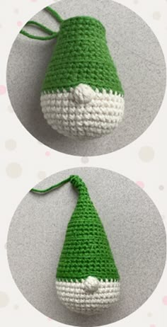 two crocheted green and white hats on top of each other