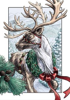 a drawing of a moose with antlers on it's head and scarf around its neck