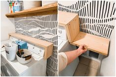 two pictures showing the inside of a washer and dryer with wood shelves above it