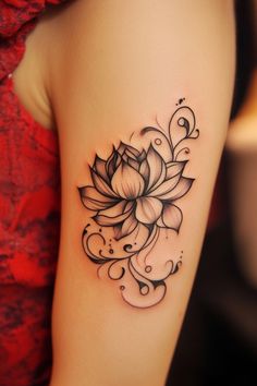 Lotus flower tattoo with intricate detailing on an arm. Lotus Upper Arm Tattoo, Indian Wrist Tattoos For Women, Lotus Flower Line Tattoo, Outside Arm Tattoo Women, Lotus Flower Tattoo Sleeve, Lotus Flower Tattoo Stencil, Lotus Flower Sternum Tattoo, Abdomen Tattoos Women, Boho Tattoos For Women