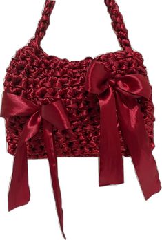 Handmade Red Shoulder Bag For Parties, Ribbon On Handbag, Crochet Bow Bag Tutorial, Satin Ribbon Crochet Bag, Bow Crochet Bag, Crochet Bow Bag, Coquette Ribbon, Ribbon Bag, Crochet Art