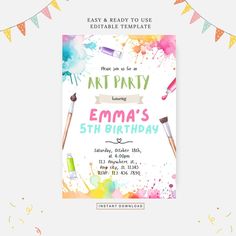 an art party flyer with watercolor paint and brushes