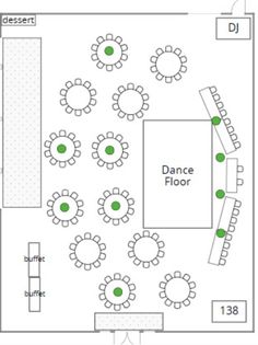 the floor plan for an event with tables and chairs, green dots on each side