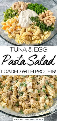 pasta salad with tuna and egg in a glass bowl