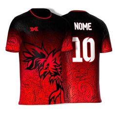 a red and black soccer jersey with the number 10 on it's chest, in front of a white background