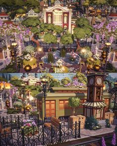 an animated city with lots of trees and flowers on it's sides, including a clock tower