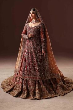 Classic Embroidered Scarlet Pakistani Bridal Dress in Farshi Lehenga Style Red Lehenga With Sheer Dupatta And Long Sleeves, Brown Wedding Dress For Eid, Brown Anarkali Set With Dupatta, Brown Wedding Dress With Intricate Embroidery, Traditional Brown Sharara With Resham Embroidery, Burgundy Anarkali Sets For Wedding, Brown Wedding Lehenga With Traditional Drape, Traditional Brown Sharara With Dupatta, Brown Lehenga With Dupatta For Wedding