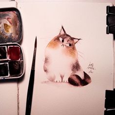 a painting of a cat sitting on top of a table next to paintbrushes