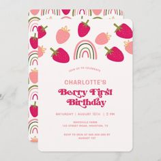 a birthday party card with strawberries and rainbows on the front, in pink