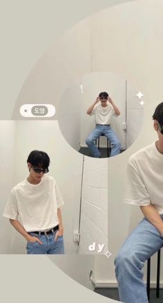 a man sitting in front of a mirror with his hands on his hips