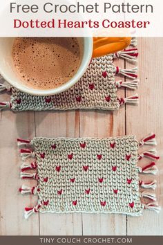 two crochet coasters with text overlay that says free crochet pattern dotted hearts coaster