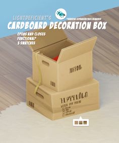 three cardboard boxes are stacked on top of each other, with the lid open to reveal an information card board decoration box