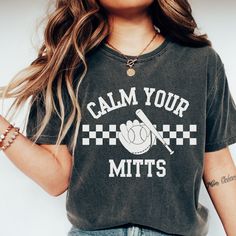 Get ready to fall in LOVE with your new Calm Your Mitts retro baseball printed comfort colors t-shirt. It's the cutest and most comfortable way to wear the latest styles, and also makes a great gift.  * PRODUCT DETAILS * ✺ 100% Cotton ✺ Medium weight fabric  ✺ Wash and dry normally (on cool for best results) ✺ Designed and printed in the USA ✺ Due to different monitor screens, colors may vary ✺ * SIZING * ✺ FOR AN OVERSIZED FIT, SELECT TWO OR THREE SIZES UP FROM YOUR NORMAL SIZE ✺ ✺ Sizing is un Cotton Baseball Jersey Crew Neck For Game Day, Tri-blend T-shirt With Graphic Print For Baseball Season, Casual Crew Neck Baseball Jersey For Game Day, College Graphic Print Relaxed Fit Shirt, School Spirit T-shirt With Graphic Print For Baseball Season, Game Day Relaxed Fit Graphic T-shirt, Relaxed Fit Game Day Graphic T-shirt, Casual Cotton Baseball Jersey With Crew Neck, Black Retro Top For Game Day