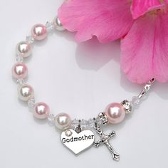 Will You Be My Godmother - Rosary Bracelet Pink White - Godmother Godparent Gift Idea - Swarovski Crystal Pearl - Catholic Baby Girl Baptism Personalized Pink Spiritual Charm Bracelet, Personalized Rosary Bracelet For Birthday And Mother's Day, Adjustable Rosary Bracelet For First Communion And Mother's Day, Personalized Silver Rosary Bracelet For Mother's Day, Silver Bracelet For Baptism Mother's Day, Personalized Silver Rosary For Mother's Day, Adjustable Silver Rosary For Mother's Day, Spiritual Jewelry For Baptism And Mother's Day, Catholic Baptism Gifts