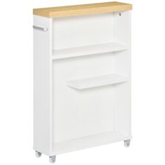 a white cabinet with two shelves on wheels and a wooden top, in front of a white background