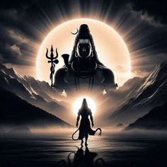 an image of the god in front of a full moon