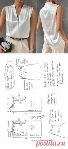 a woman in white shirt and shorts next to a paper model with instructions on how to sew