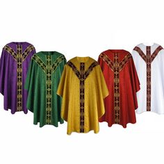 Semi-Gothic style Chasuble with a matching stole Manufactured from a high quality Damask or Brocade fabric. The used material is airy, crease and stain resistant. It is applicable for standard washing and ironing, which makes it practical even in a frequent use. In the middle there are velvet belts embroidered with a golden metallic thread. This gives an appropriate liturgical character to the garment. The belts have been separated with a thin golden fabric trim on both sides. An inner stole com Vestments Liturgical, Velvet Belts, Catholic Vestments, Priest Outfit, Priest Stole, Golden Fabric, Liturgical Colours, Brocade Fabric, Gothic Style