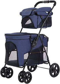 two blue pet strollers with wheels, one has a basket and the other has a seat