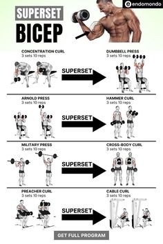 Boost your biceps with this intense superset workout! Designed to target all areas of your bicep, this routine combines strength-building exercises in quick succession to maximize muscle growth and endurance. Each superset pairs a press with a curl for a balanced upper body workout. Perform 3 sets of 10 reps for each exercise, pushing your limits with these proven moves: Concentration Curl & Dumbbell Press, Arnold Press & Hammer Curl, Military Press & Cross-body Curl, Preacher Curl & Cable Curl. Ready to sculpt those biceps? Let’s get started  #BicepWorkout #SupersetTraining #StrengthTraining #FitnessGoals #ArmDay #MuscleBuilding #GymRoutine #BicepCurls #GetStrong #WorkoutPlan #FitnessMotivation Bicep Arm Workout, Types Of Bicep Curls, How To Grow Your Biceps, Beginner Bicep Workout, Super Set Workouts, Big Arm Workout, Gym Building, Superset Workout