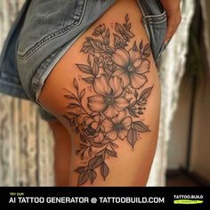 a woman's thigh with flowers and leaves tattoo on her thighs, showing the lower half