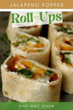 rolls with cheese and other toppings sitting on top of a table next to the words roll - ups