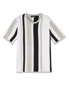 Men's Vertical Tricolor Stripe Knit Top | M Magaschoni Men's | JANE + MERCER Sleeve Silhouette, Sweater Polo, Ribbed Shorts, Elevated Style, Short Sleeve Pullover, Collar Sweater, Tall Model, Striped Knit, Polo Shirts