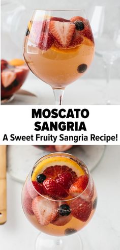 two glasses filled with fruity sangria on top of a table