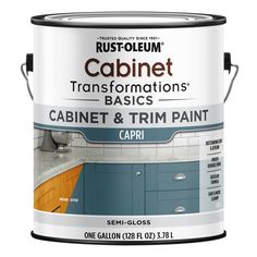 a can of paint that is blue and white with the words cabinet on it