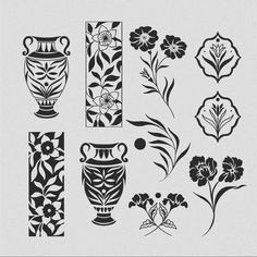 an assortment of vases and flowers are shown in black on a white paper background