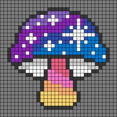 a pixellated image of a mushroom with purple and blue mushrooms on it's head