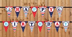 happy birthday bunting banner on wooden background