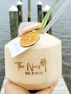 a person holding up a coconut drink on a dock near the water with a sign that says, the nicest est 8 17