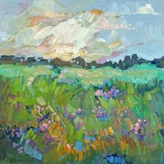 an oil painting of a field with flowers and clouds in the sky over it,