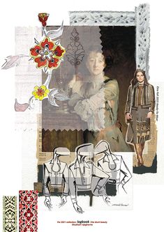 an altered photograph of a woman in a dress with flowers on her head and other pictures