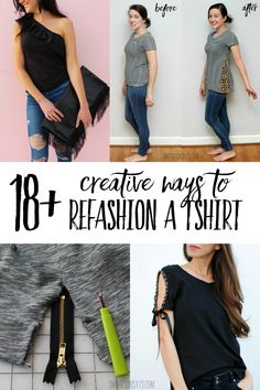 How To Refashion A T Shirt, How To Alter Tee Shirts, Refashion Tee Shirts Ideas, Refashioned Tshirt Diy Upcycle, Alter T Shirts Ideas, Upcycled Tee Shirts Ideas, T Shirt Transformation Diy, T Shirt Redesign Ideas, Upcycle Tee Shirts Diy