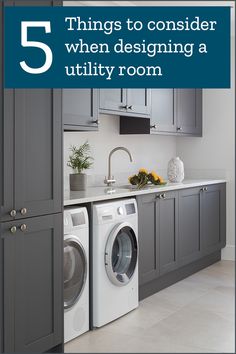 a washer and dryer in a kitchen with gray cabinets