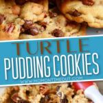 turtle pudding cookies are stacked on top of each other with text overlay that reads, turtle pudding cookies