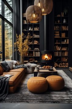 a living room filled with furniture and a fire place in the middle of it's walls