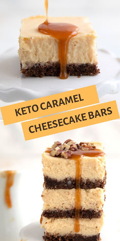 Two photo collage of Keto Salted Caramel Cheesecake Bars. Keto Cheesecake Bars, Keto Salted Caramel, Caramel Cheesecake Bars, Keto Cakes, Pecan Crust, Keto Bars, Sugar Free Cheesecake, Salted Caramel Cheesecake, Food Keto