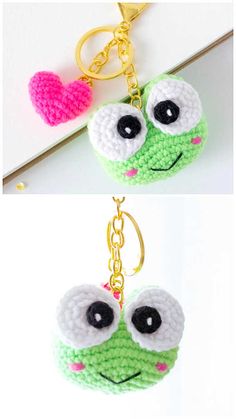 crocheted keychain made to look like a frog with big eyes and a heart