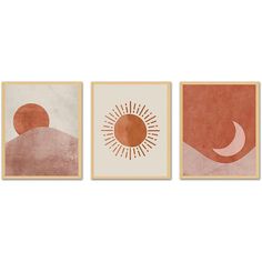 three framed art prints with different shapes and colors on them, each featuring an orange sun