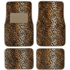 four leopard print car mats in various colors and sizes, including one for the floor