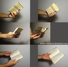 four different views of hands holding open books