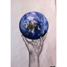 a drawing of a hand holding up the earth