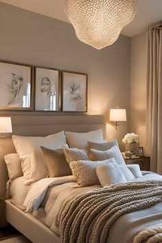 a bed with white sheets and pillows in a bedroom next to two pictures on the wall