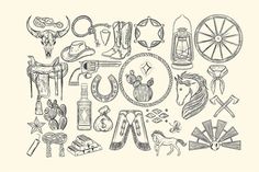 a drawing of various items that are in the shape of an animal, horse, and cowboy