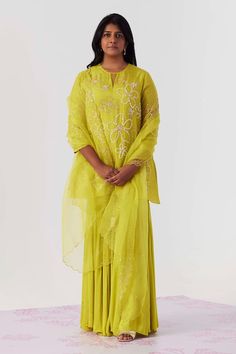 Yellow flared short kurta with sequin and beads embroidery in floral motifs. Paired with matching sharara and separate inner . - Aza Fashions Yellow Kurta, Short Kurta, Beads Embroidery, Beaded Neckline, Satin Color, Embroidered Shorts, Floral Short, Floral Motifs, Embroidered Silk